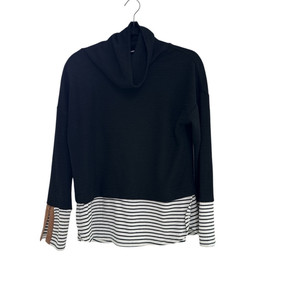 Anthropologie THML Black Top with White Striped Cuffs